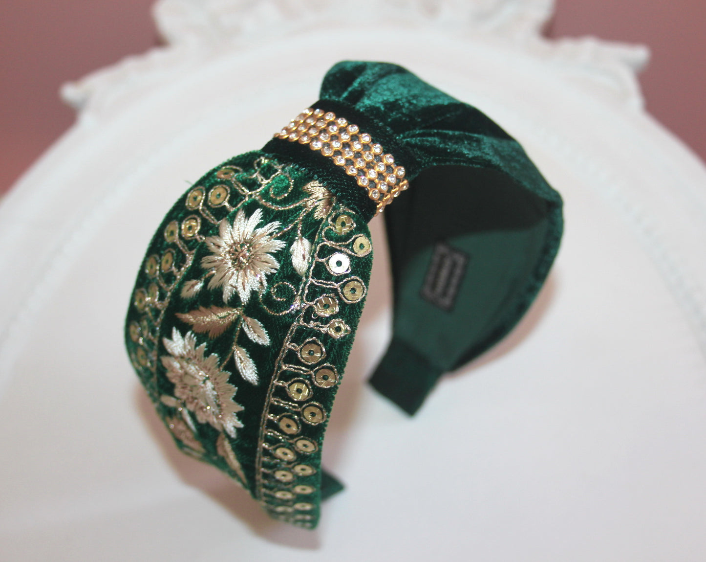 Embroidered headband Dark Green & Gold silk velvet hairband, plastic free