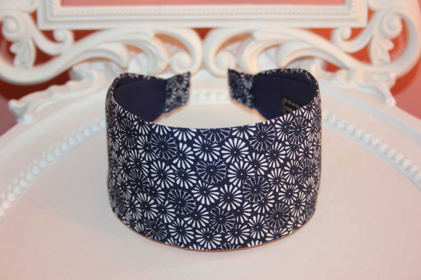 Dark Blue headband for women Daisy print extra wide hairband