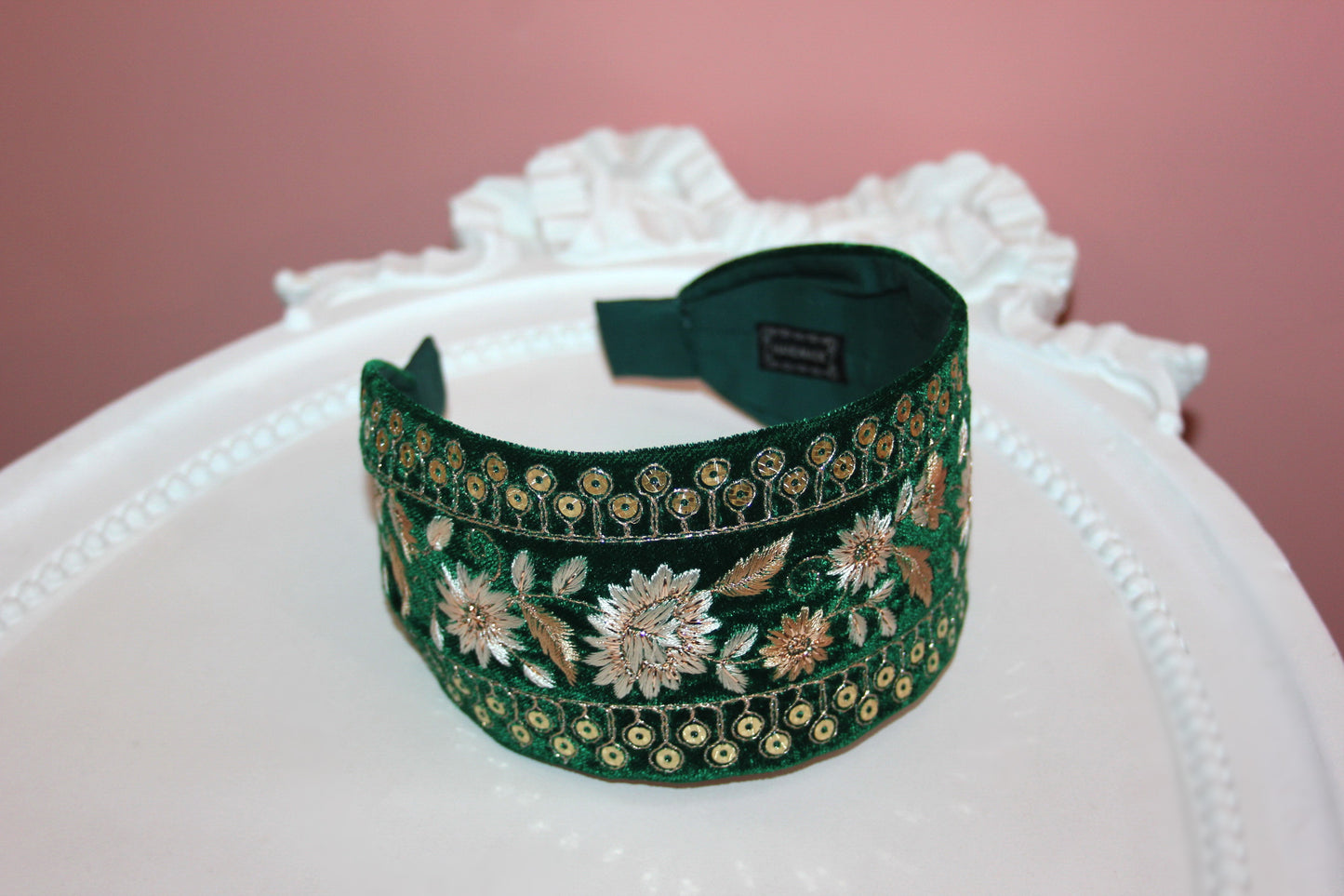 Fashion velvet headband 2.75" inch Dark Green sequin gold embroidered luxury hairband
