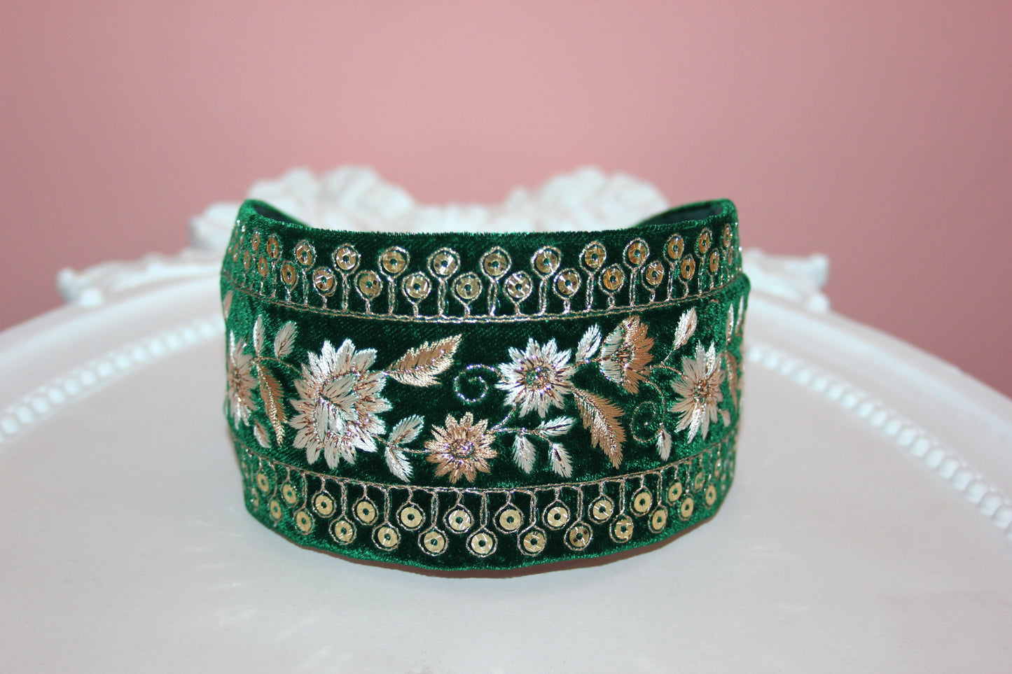 Fashion velvet headband 2.75" inch Dark Green sequin gold embroidered luxury hairband
