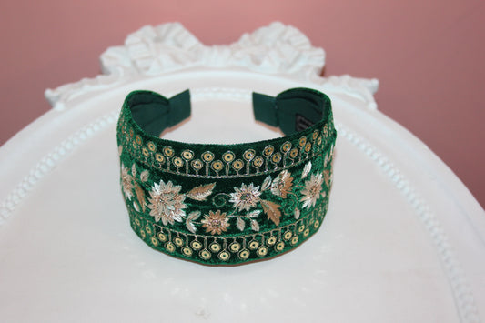 Fashion velvet headband 2.75" inch Dark Green sequin gold embroidered luxury hairband