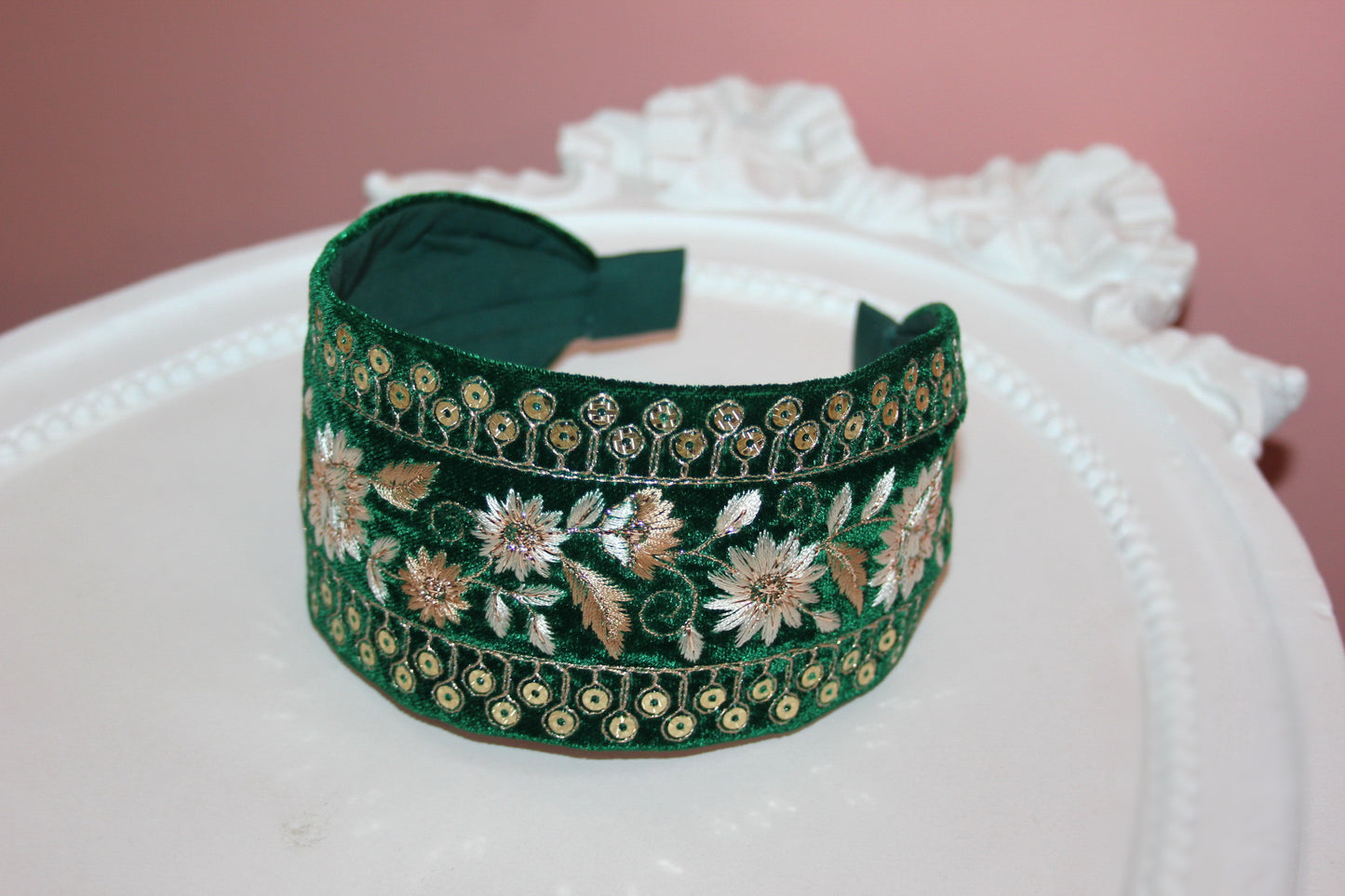 Fashion velvet headband 2.75" inch Dark Green sequin gold embroidered luxury hairband