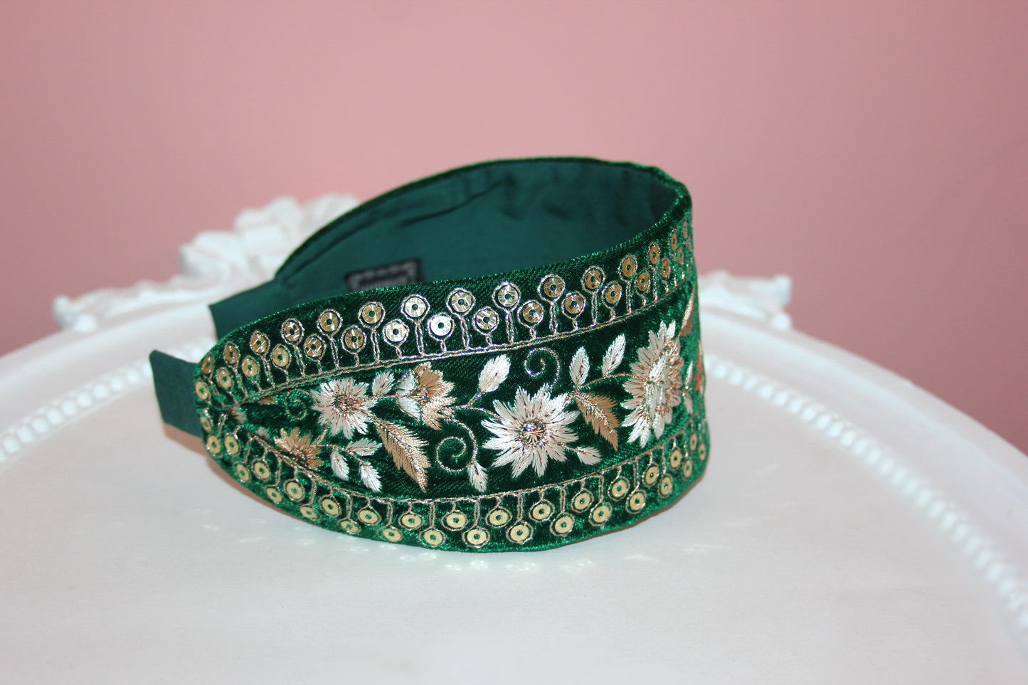 Fashion velvet headband 2.75" inch Dark Green sequin gold embroidered luxury hairband