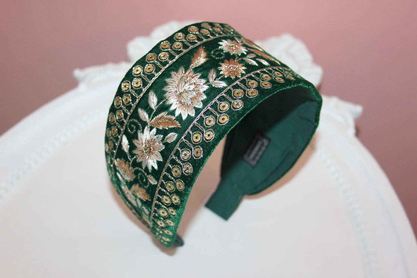 Fashion velvet headband 2.75" inch Dark Green sequin gold embroidered luxury hairband