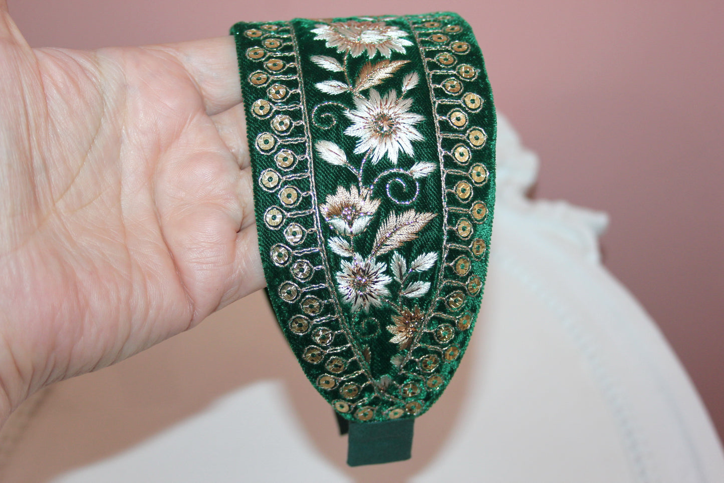 Fashion velvet headband 2.75" inch Dark Green sequin gold embroidered luxury hairband