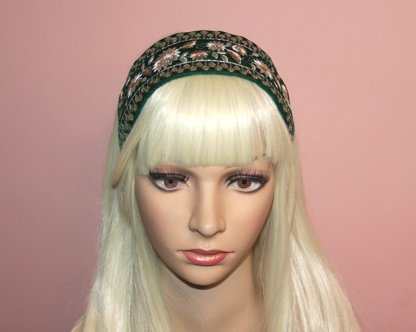 Fashion velvet headband 2.75" inch Dark Green sequin gold embroidered luxury hairband