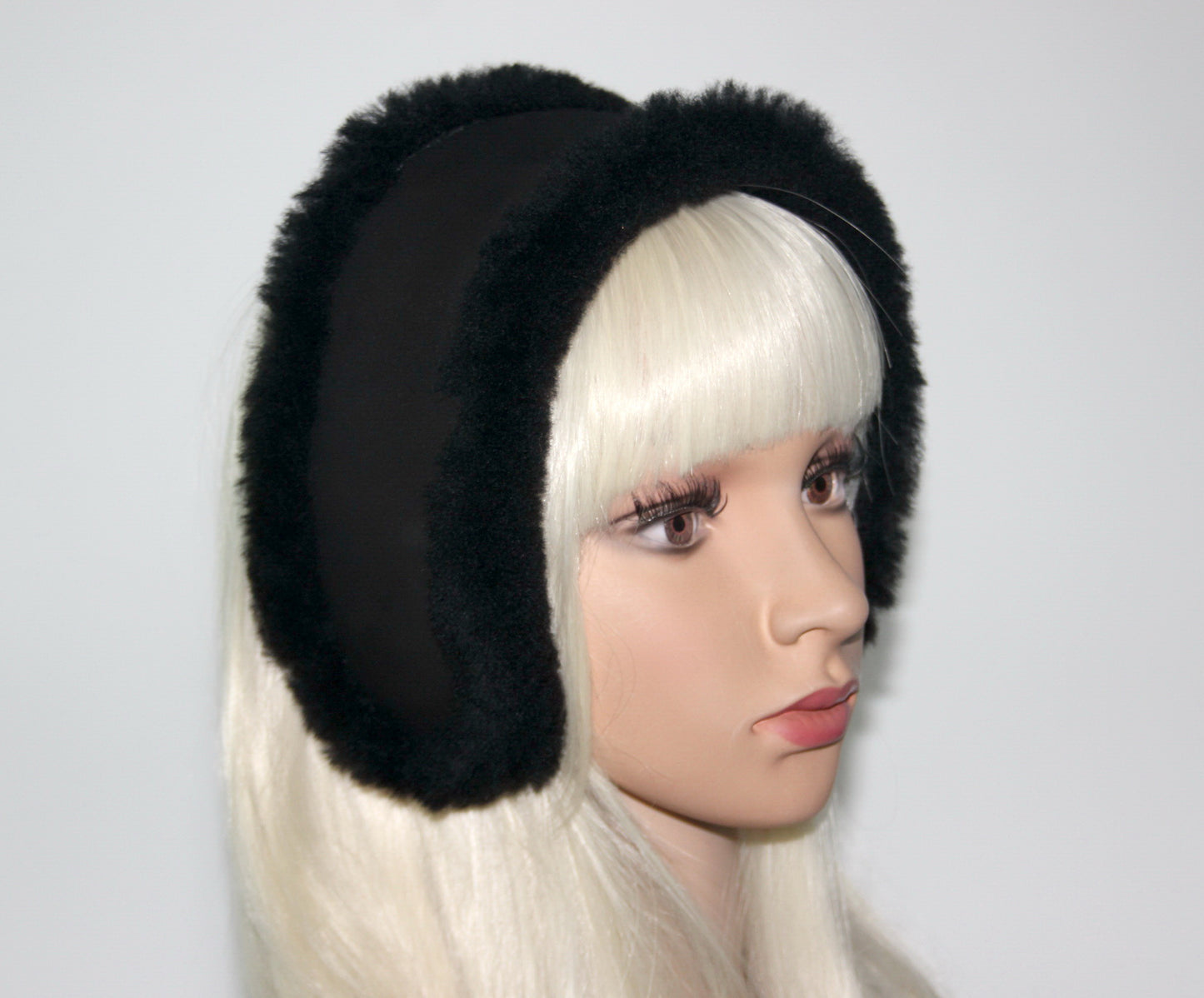Real fur earmuff Black sheepskin suede headband Skiing headphones Running ear warmers for women