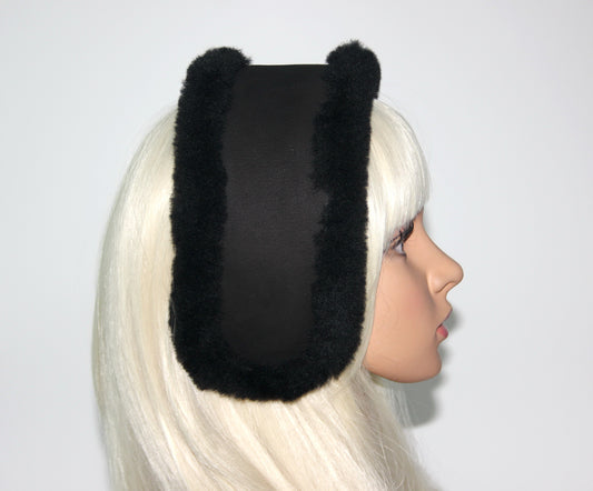 Real fur earmuff Black sheepskin suede headband Skiing headphones Running ear warmers for women
