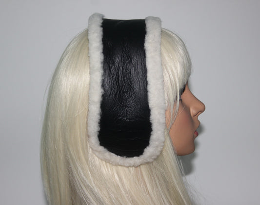 Real fur earmuff Black & Ivory lambskin leather headband Skiing headphones Running ear warmers for women