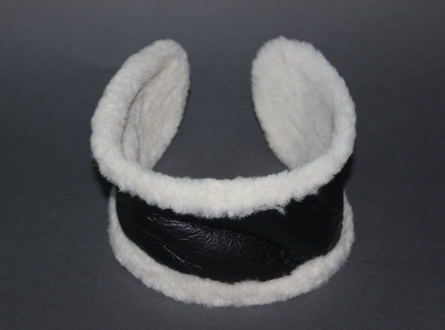 Real fur earmuff Black & Ivory lambskin leather headband Skiing headphones Running ear warmers for women