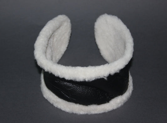Real fur earmuff Black & Ivory lambskin leather headband Skiing headphones Running ear warmers for women