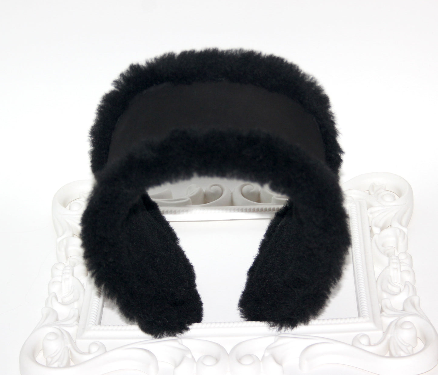 Real fur earmuff Black sheepskin suede headband Skiing headphones Running ear warmers for women