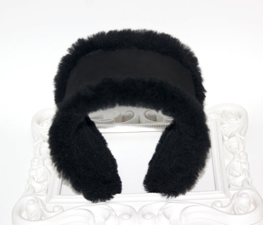 Real fur earmuff Black sheepskin suede headband Skiing headphones Running ear warmers for women