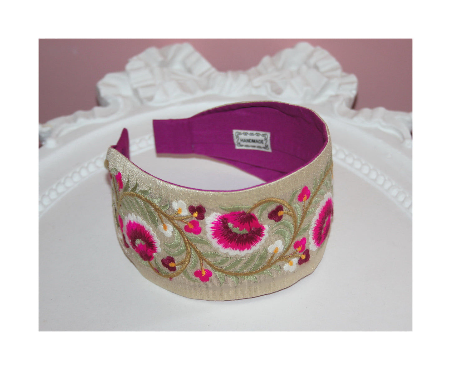 Embroidered headband 2.75"inches Pink & Green Exquisite handmade head accessory
