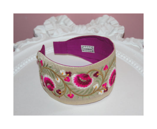 Embroidered headband 2.75"inches Pink & Green Exquisite handmade head accessory