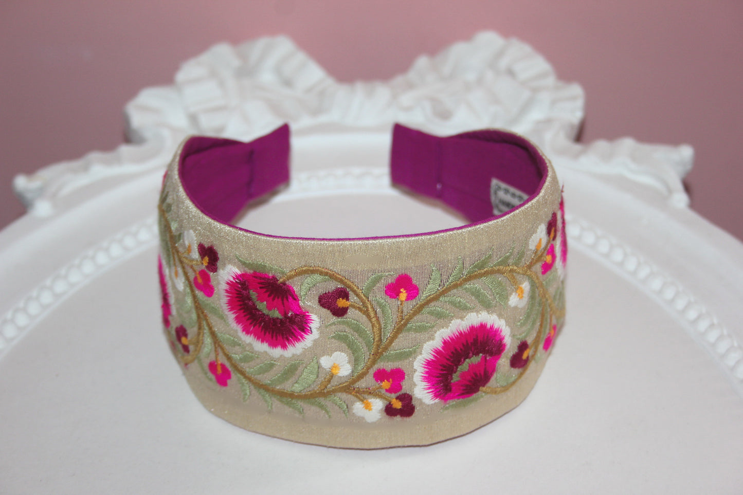 Embroidered headband 2.75"inches Pink & Green Exquisite handmade head accessory