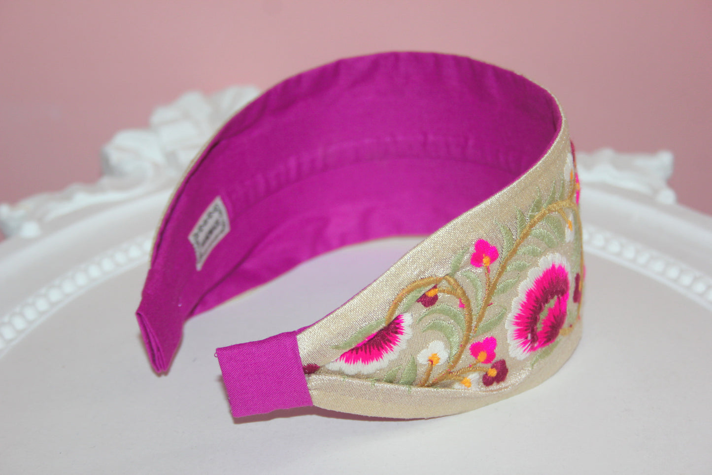 Embroidered headband 2.75"inches Pink & Green Exquisite handmade head accessory