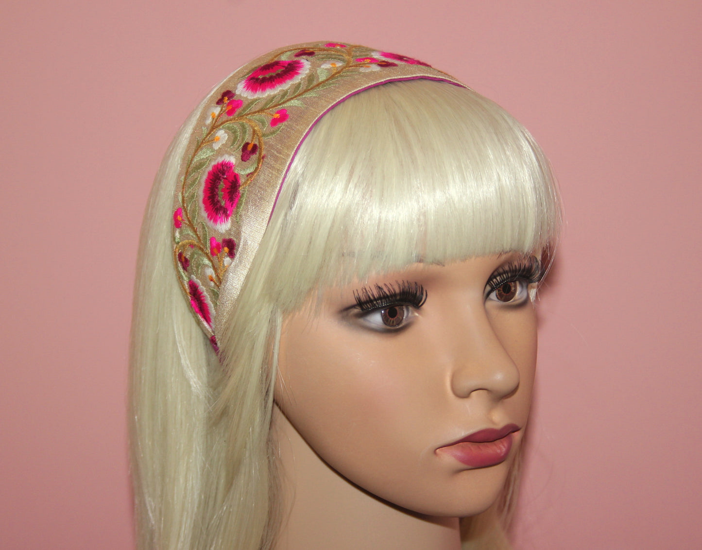 Embroidered headband 2.75"inches Pink & Green Exquisite handmade head accessory