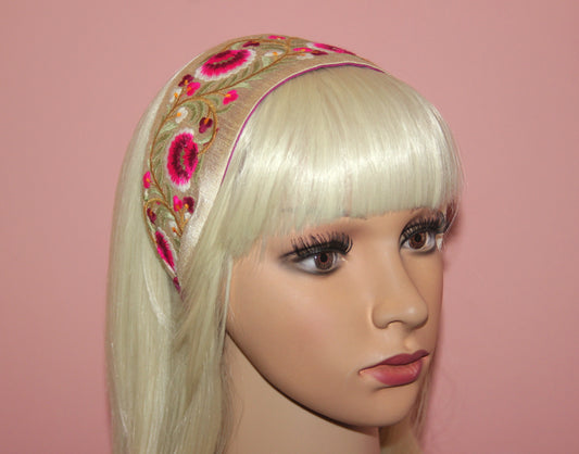 Embroidered headband 2.75"inches Pink & Green Exquisite handmade head accessory