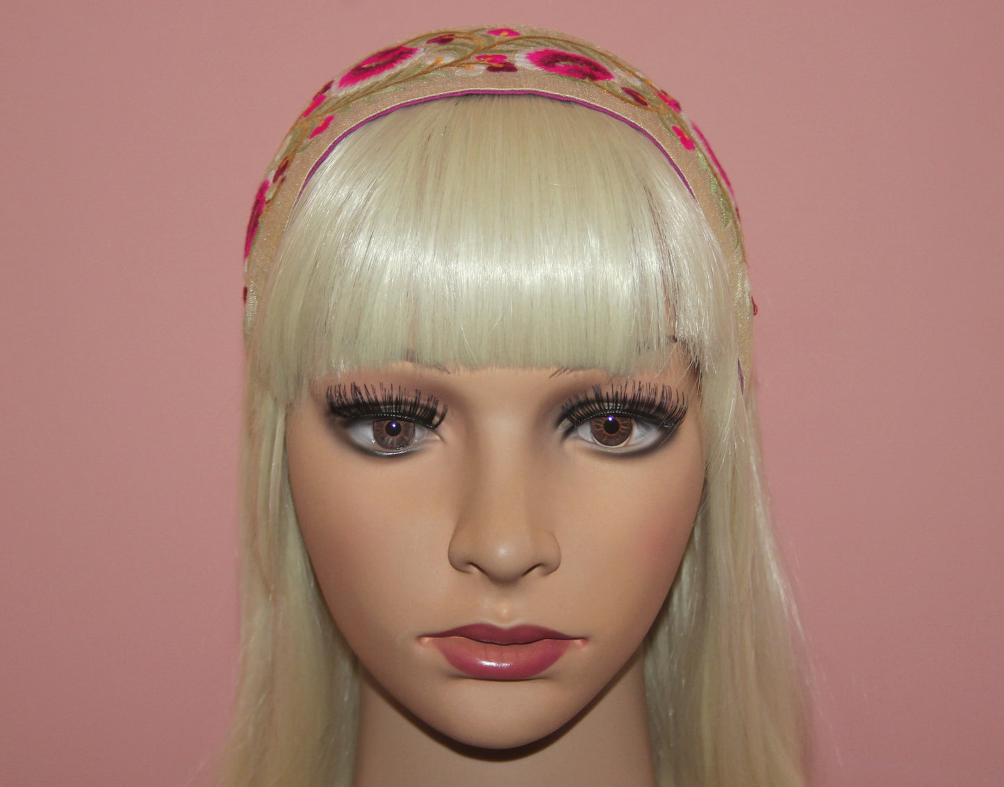 Embroidered headband 2.75"inches Pink & Green Exquisite handmade head accessory