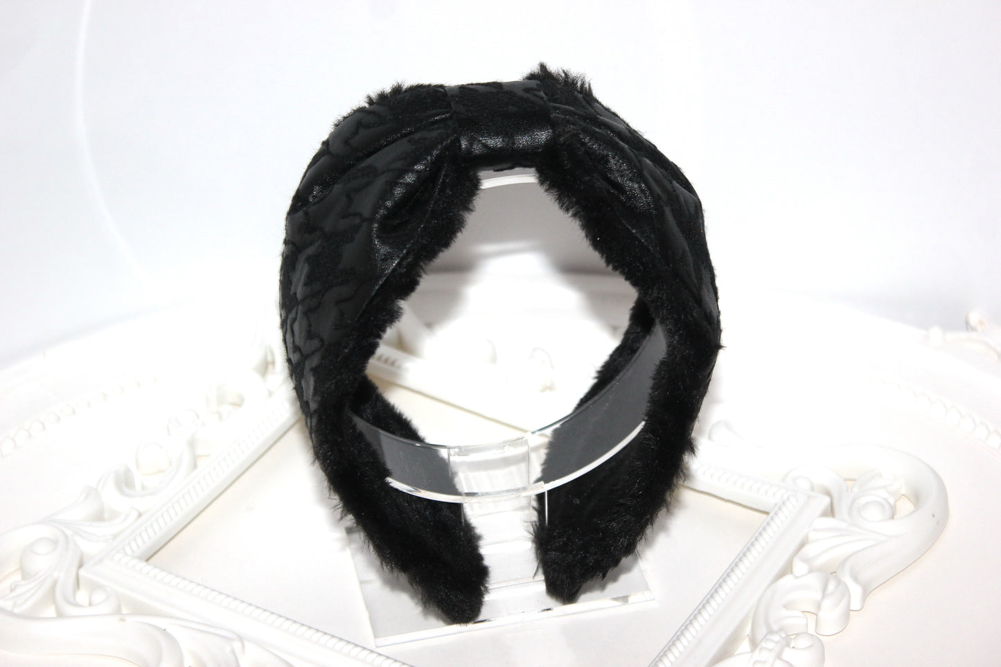 Leather earmuffs Black ear warmer headband houndstooth embroider skiing earmuffs