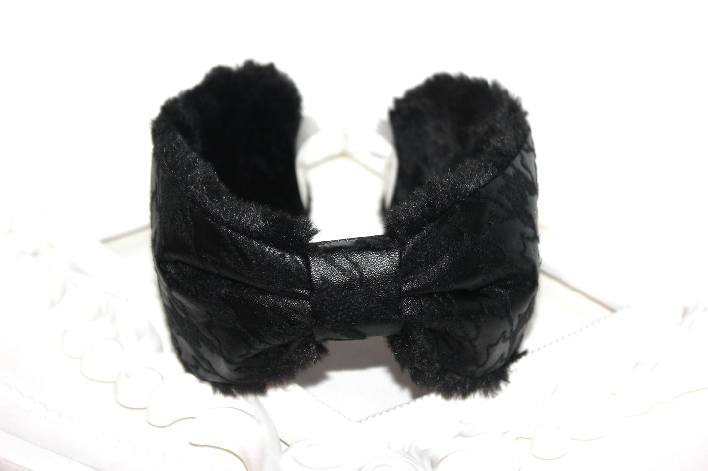 Leather earmuffs Black ear warmer headband houndstooth embroider skiing earmuffs