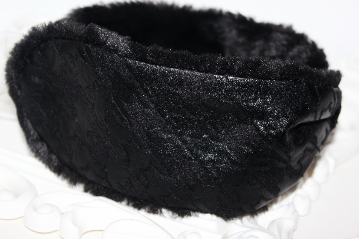 Leather earmuffs Black ear warmer headband houndstooth embroider skiing earmuffs