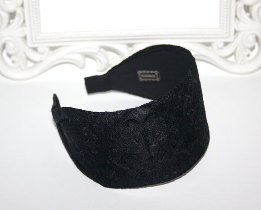 Black Embroidered hairband for women Wide viscose blend silk head cover