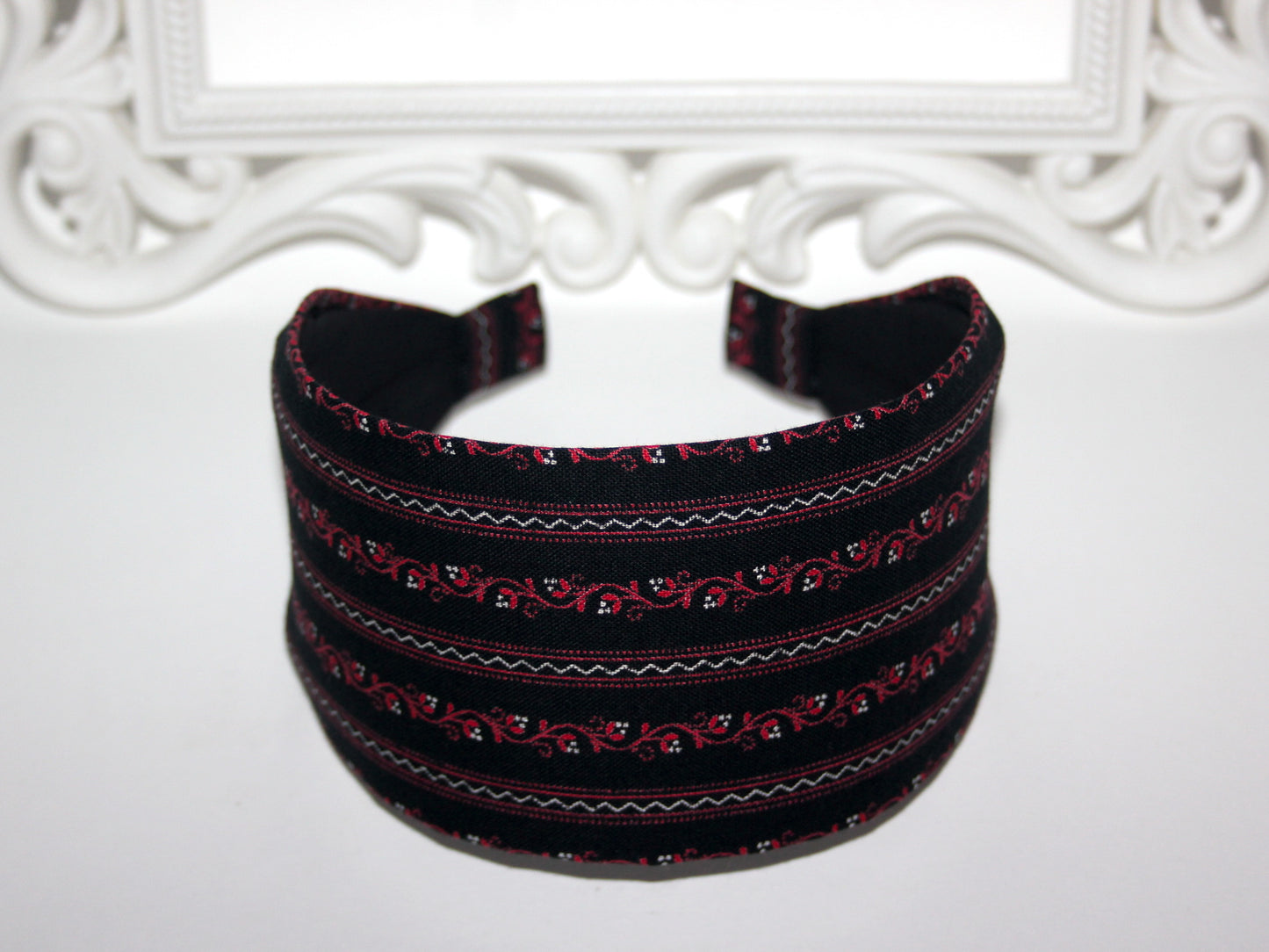 Cotton headband Ethnic Ikat head cover Black & Red wide alopecia head scarf