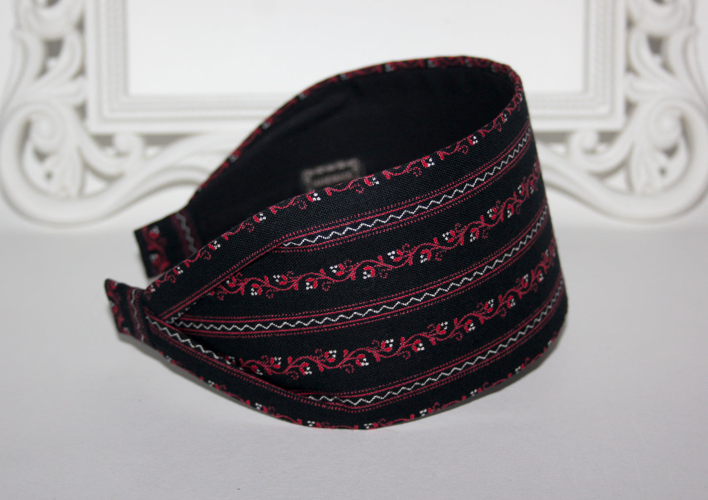 Cotton headband Ethnic Ikat head cover Black & Red wide alopecia head scarf