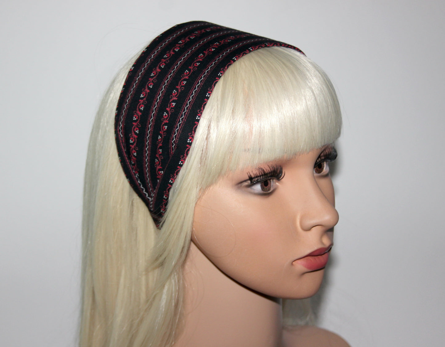 Cotton headband Ethnic Ikat head cover Black & Red wide alopecia head scarf
