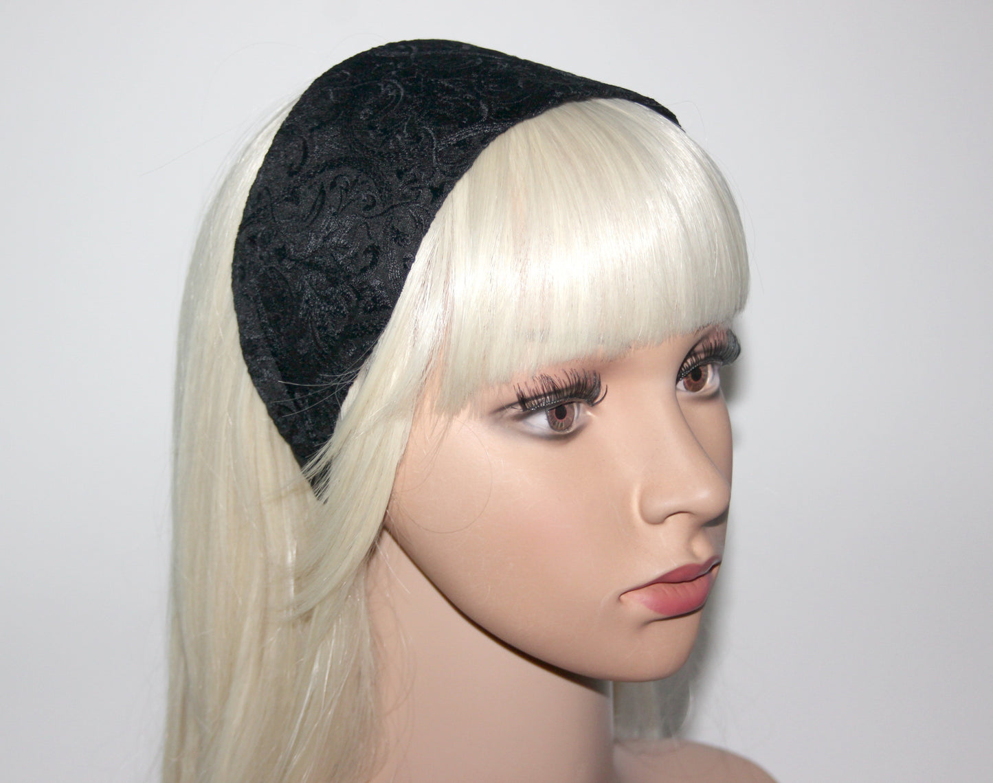 Black Embroidered hairband for women Wide viscose blend silk head cover