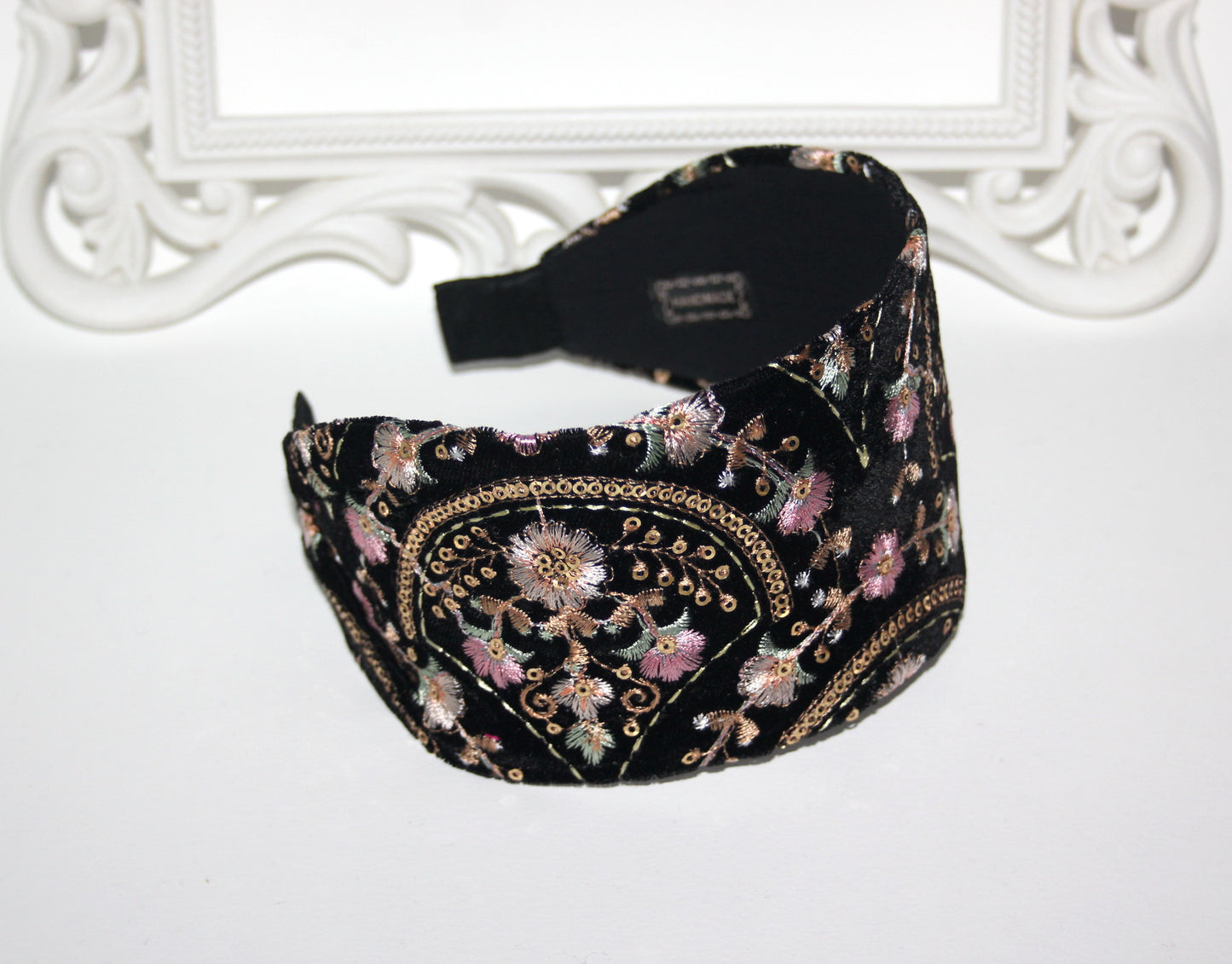 Embroidered boho headband Black/Gold/Pink Exquisite velvet hairband scarf
