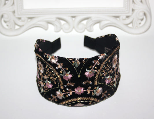 Embroidered boho headband Black/Gold/Pink Exquisite velvet hairband scarf