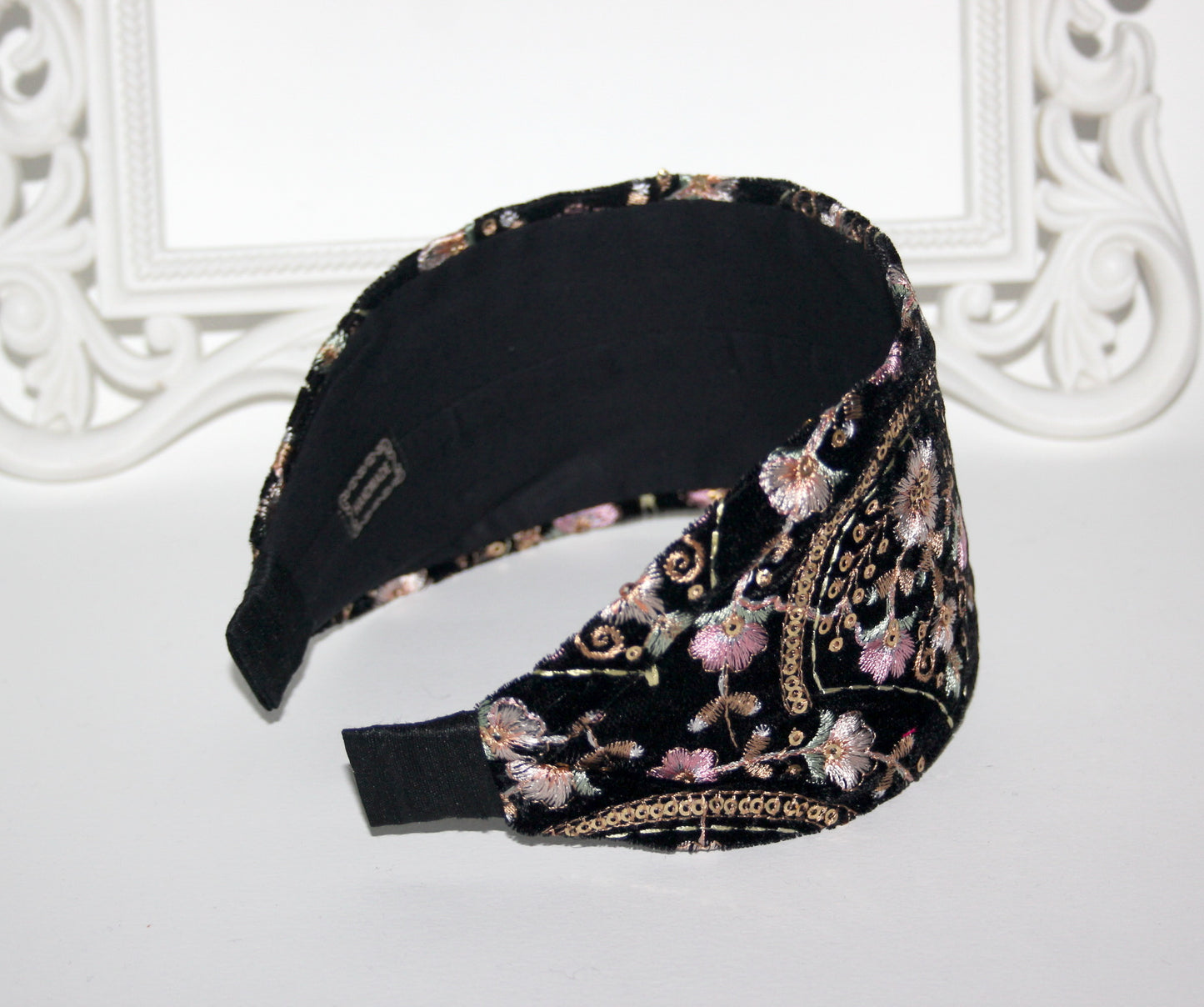 Embroidered boho headband Black/Gold/Pink Exquisite velvet hairband scarf