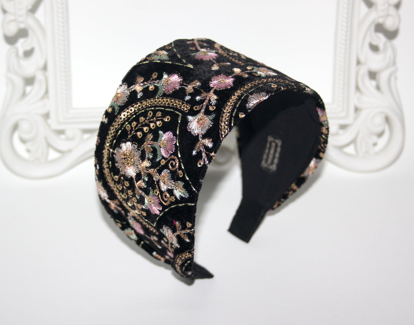 Embroidered boho headband Black/Gold/Pink Exquisite velvet hairband scarf