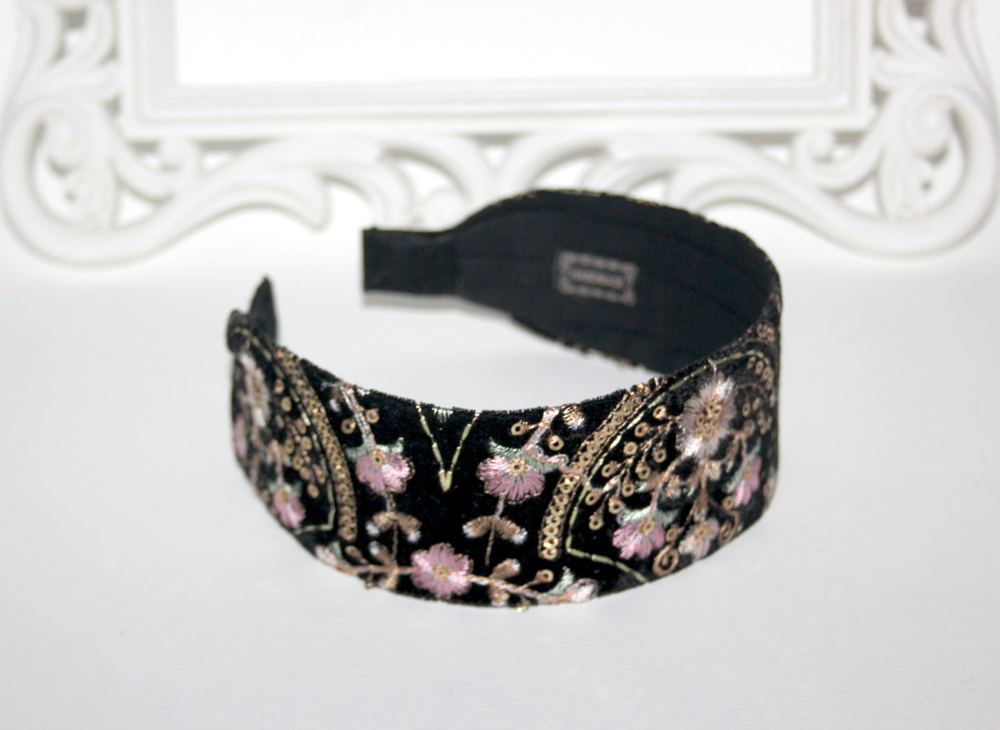 Embroidered 2" headband for women Exquisite black velvet hairband scarf