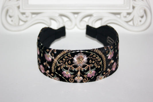 Embroidered 2" headband for women Exquisite black velvet hairband scarf