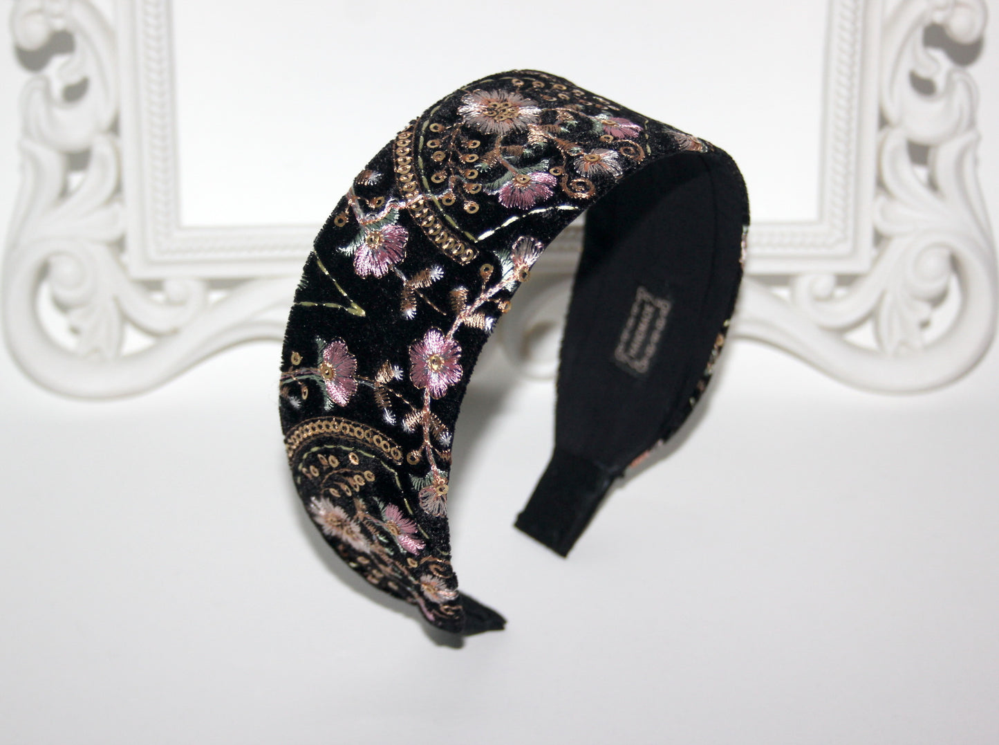 Embroidered 2" headband for women Exquisite black velvet hairband scarf