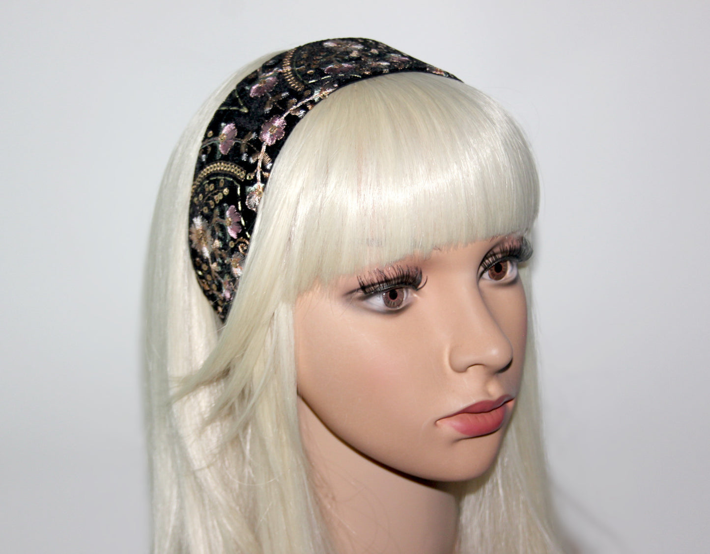 Embroidered 2" headband for women Exquisite black velvet hairband scarf