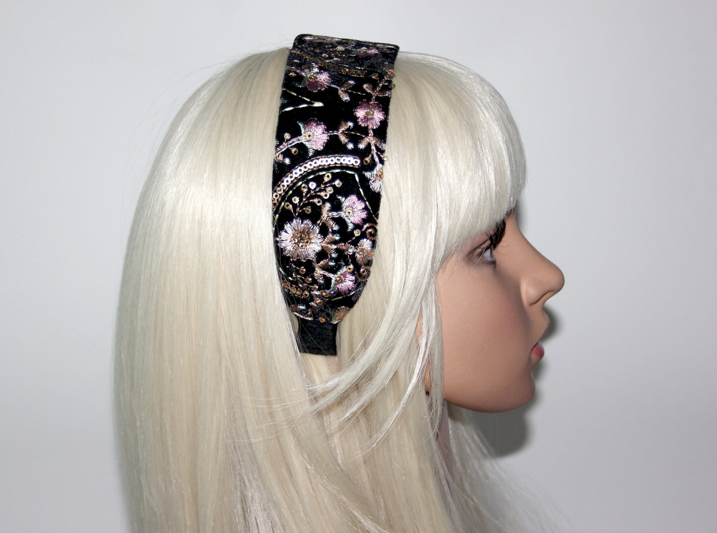 Embroidered 2" headband for women Exquisite black velvet hairband scarf