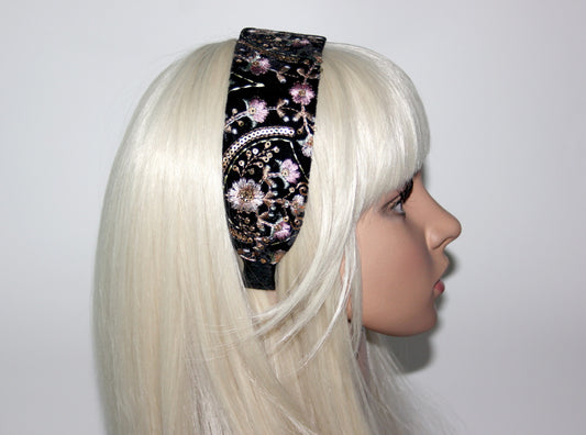 Embroidered 2" headband for women Exquisite black velvet hairband scarf