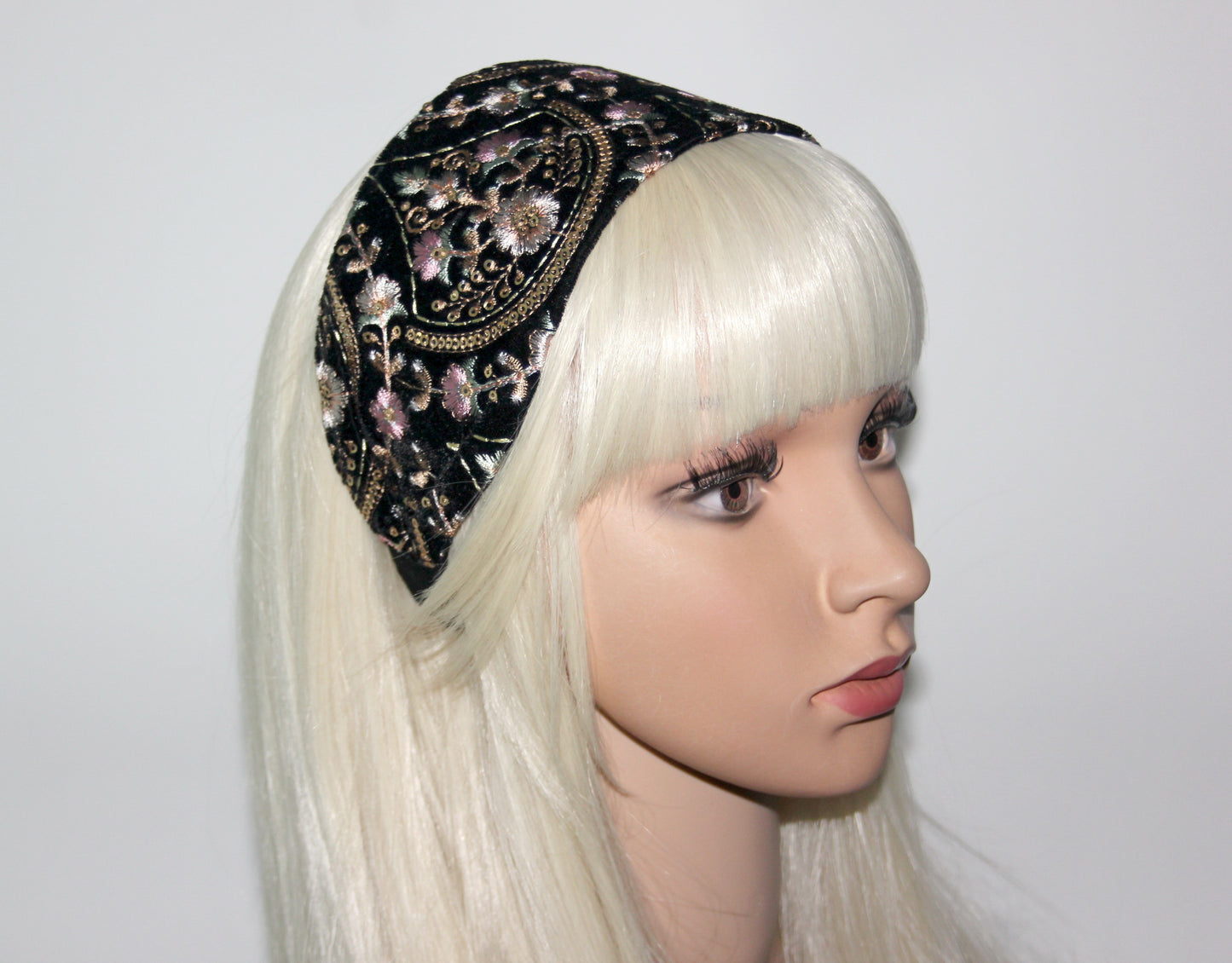 Embroidered boho headband Black/Gold/Pink Exquisite velvet hairband scarf