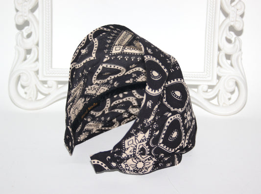 Black&Beige bandana headband Cotton print hair scarf extra wide head cover