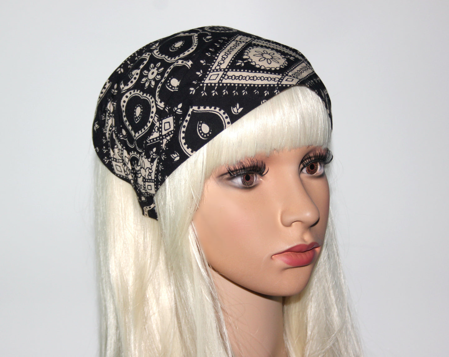 Black&Beige bandana headband Cotton print hair scarf extra wide head cover