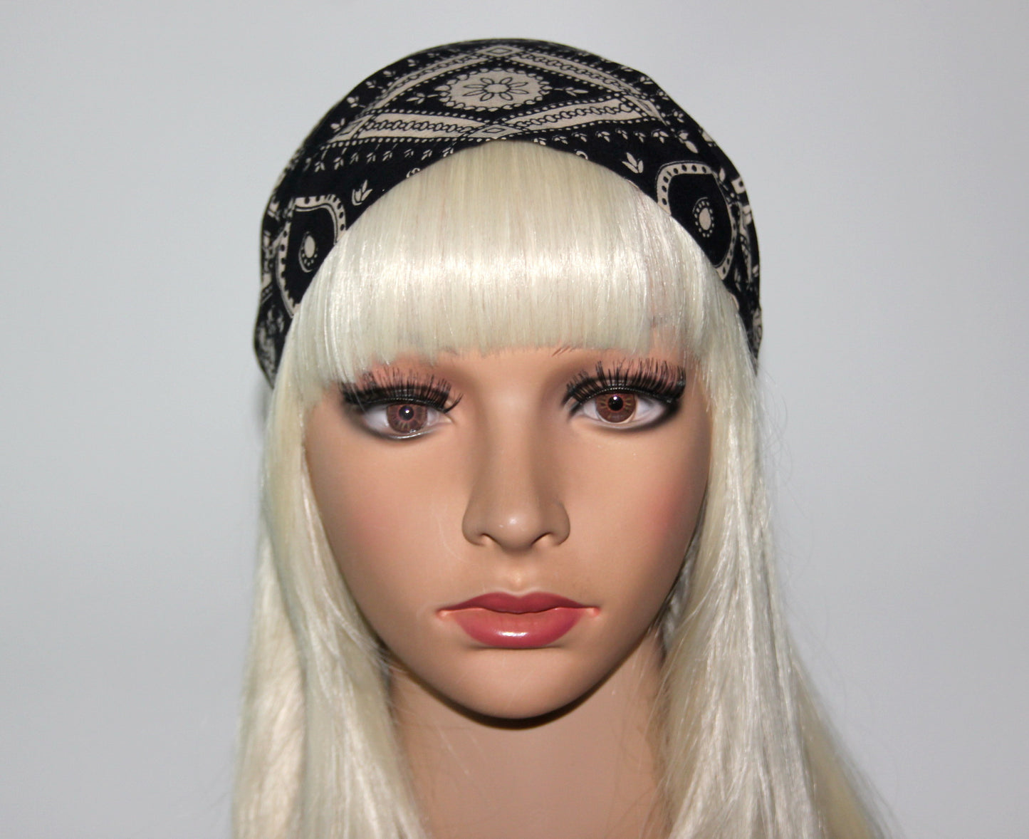 Black&Beige bandana headband Cotton print hair scarf extra wide head cover