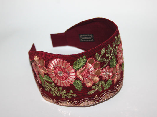 Embroidered headband 3.15'' inch Dark Red scarf hairband Boho hair accessory
