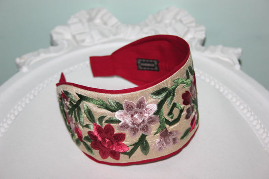 Embroidered wide hradband 3.15'' inch Blush & Claret Red flower hairband for women
