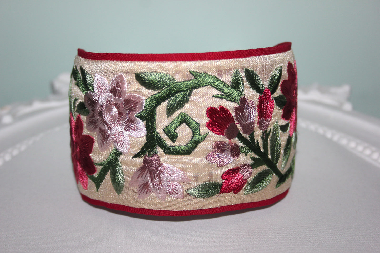Embroidered wide hradband 3.15'' inch Blush & Claret Red flower hairband for women