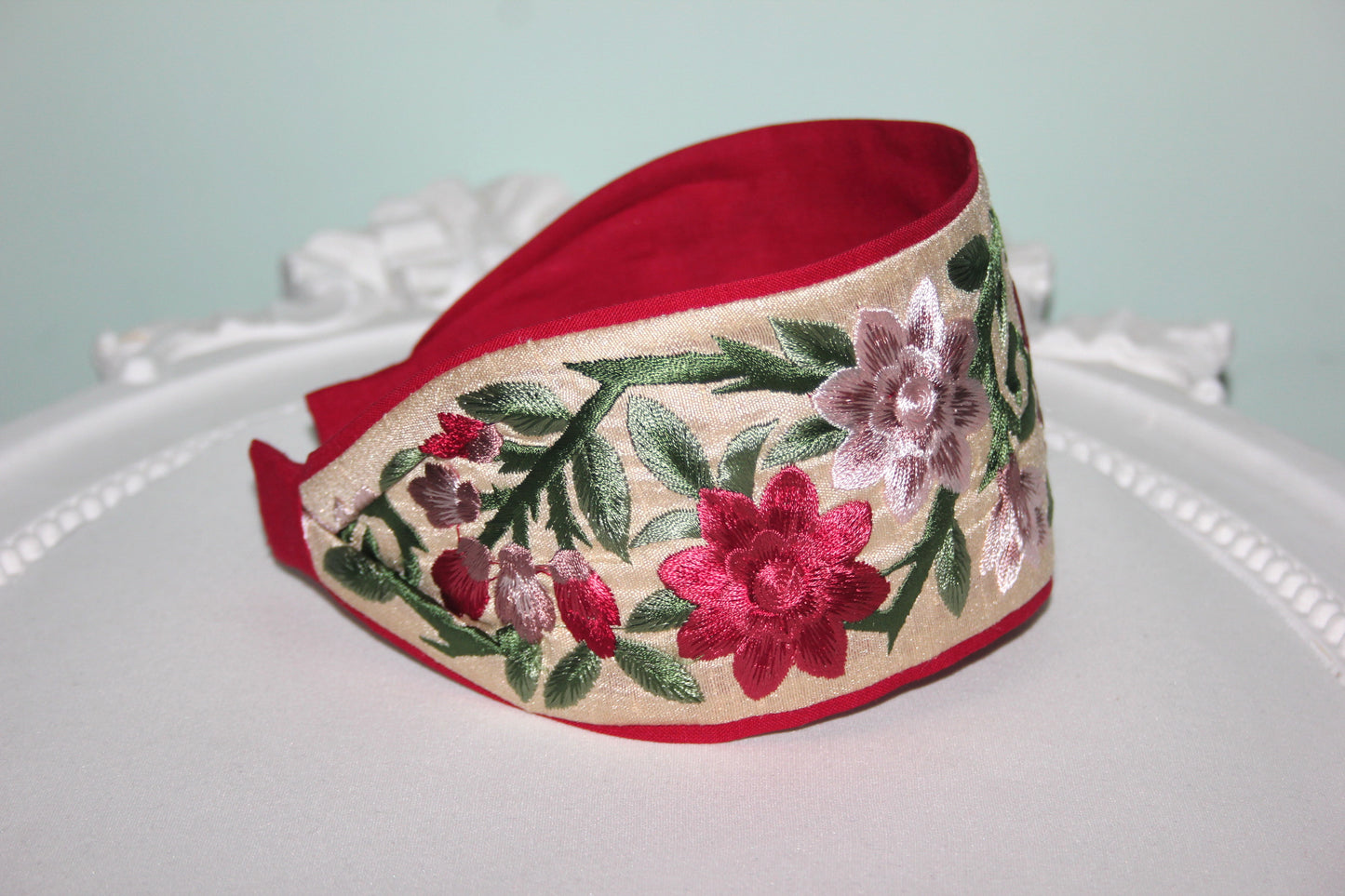 Embroidered wide hradband 3.15'' inch Blush & Claret Red flower hairband for women